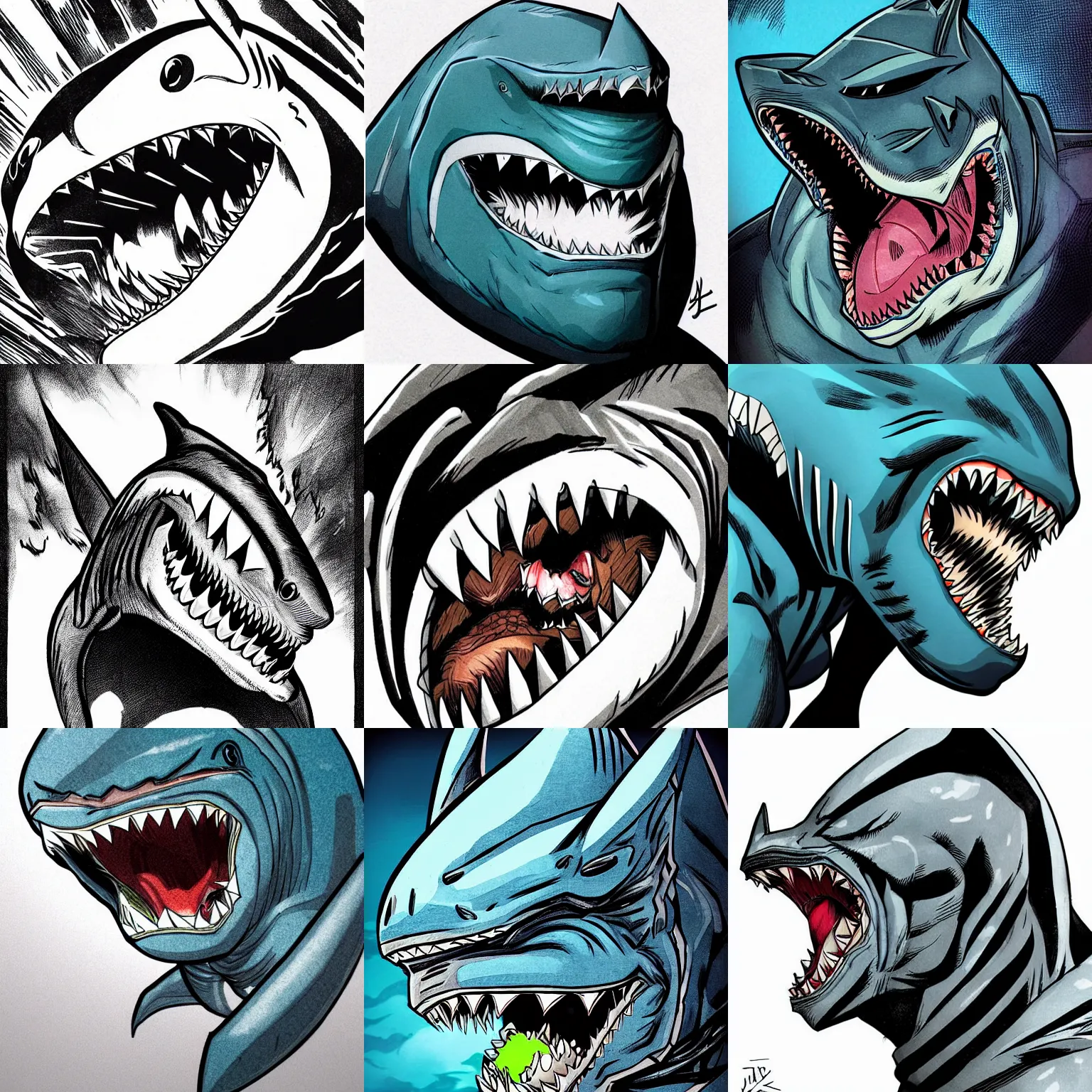 Image similar to anthropomorphic sideview shark!!! jim lee!!! head macro shot!!! flat! ink sketch colorised by jim lee close up in the style of jim lee, ninja! battle rugged hulk shark animal superhero by jim lee