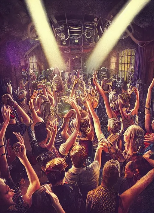 Prompt: “Close-up of party with lots of people dancing happily with bottles in their hands in steampunk styled disco. Spotlights and smoke. Artstation. Dark, highly detailed. In style of Mike Savad.”