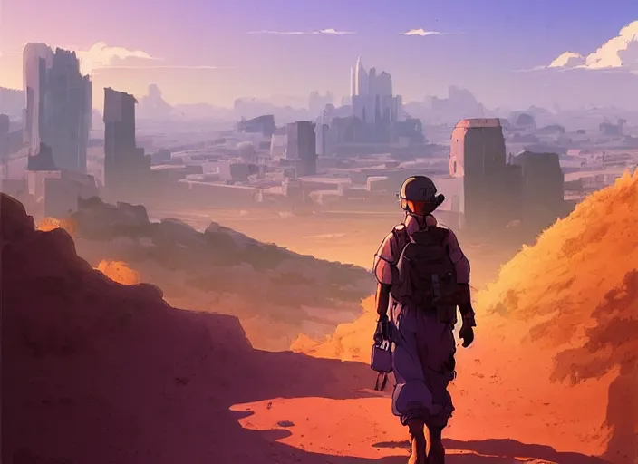 Prompt: cel shading background studio ghibli, soldier roaming through desert with city in the skyline, two suns, purple orange colors, sharp focus, illustration, highly detailed, digital painting, concept art, matte, art by wlop and artgerm and greg rutkowski, masterpiece