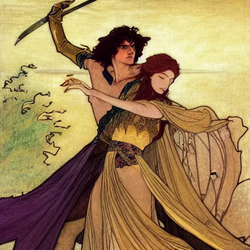 Prompt: a golden swordsman leans back as he dances elegantly in the wind, his robes and long hair flowing in the breeze, his enemies lying on the ground below, fantasy, Mucha, MTG, Game of Thrones, salsa dancing, Rossetti, Millais