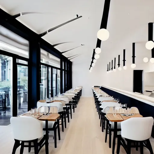 Prompt: modern minimalist white restaurant with modern furniture and floating white planes on the ceiling, white plaster walls, wood floor, floating wood beams, glowing suspended ring lights, tall black metal frame windows