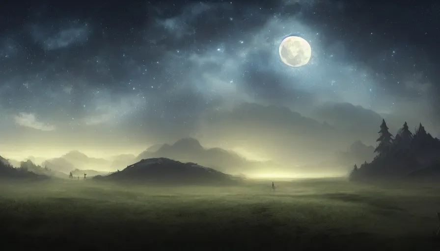 Image similar to a beautiful landscape at night, big moon and stars in the sky, matte painting, dark blue tones, concept art, 4k