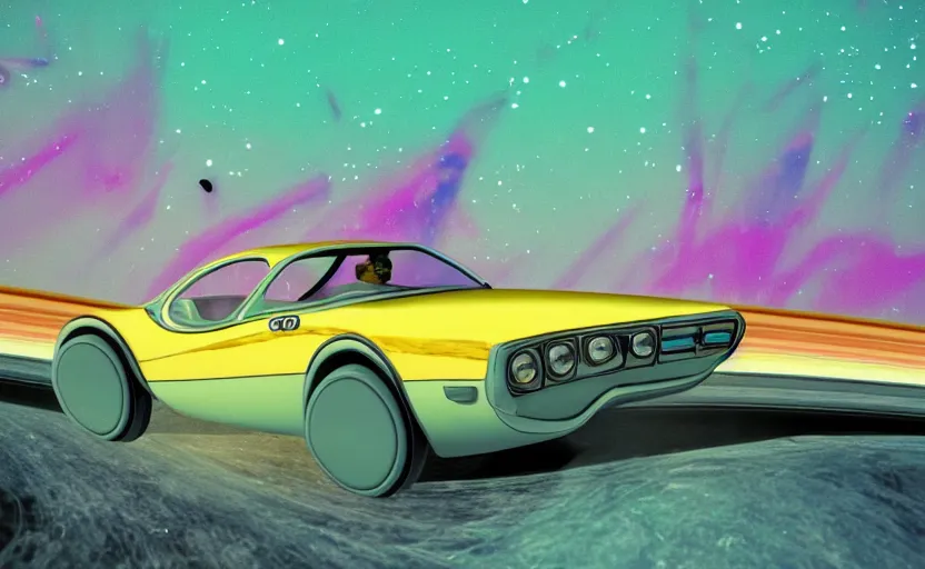 Prompt: a retro photo of a cool car driving on saturn's rings, colorful, vibe, bloom, bloomy