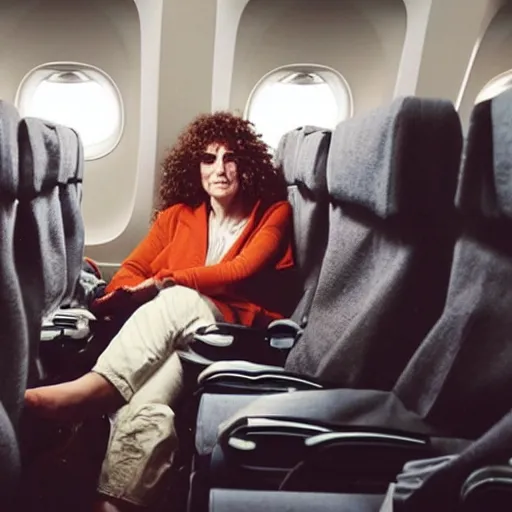 Image similar to photo of neanderthal cavewoman sitting in an airplane