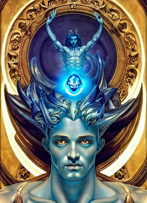 Prompt: the god poseidon with trident, glowing eyes, volumetric lights, blue and cyan scheme, art nouveau botanicals, gothic, intricate, highly detailed, digital painting, artstation, concept art, smooth, sharp focus, symmetric face, illustration, art by artgerm and greg rutkowski and alphonse mucha