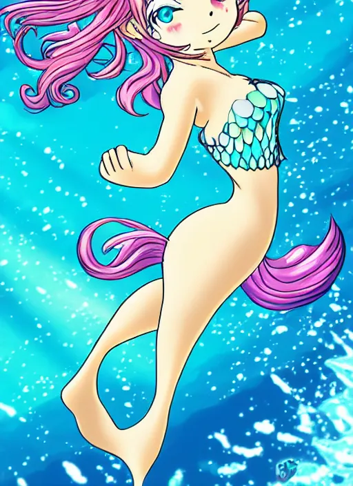 Prompt: mermaid girl swiming in water, water splash, anime style, manga