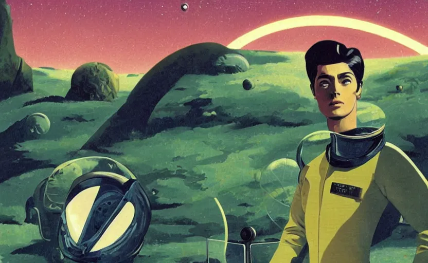 Image similar to a portrait of Alain Delon pilot in spacesuit posing on field forrest spaceship station landing laying lake artillery outer worlds shadows in FANTASTIC PLANET La planète sauvage animation by René Laloux