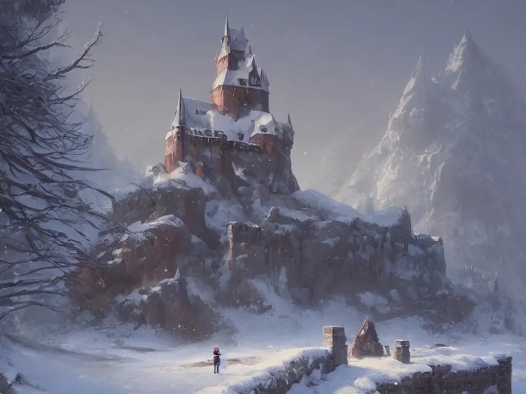 Image similar to a painting of a castle in the middle of a snowy mountain, a detailed matte painting by andreas rocha and greg rutkowski, featured on artstation, fantasy art, matte drawing, matte painting, artstation hq