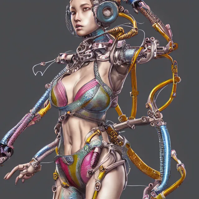 Image similar to the portrait of true neutral semi - colorful female cyborg mechanist as absurdly beautiful, gorgeous, elegant, young swimsuit model, an ultrafine hyperdetailed illustration by kim jung gi, irakli nadar, intricate linework, bright colors, octopath traveler, final fantasy, unreal engine 5 highly rendered, global illumination, radiant light, detailed and intricate environment