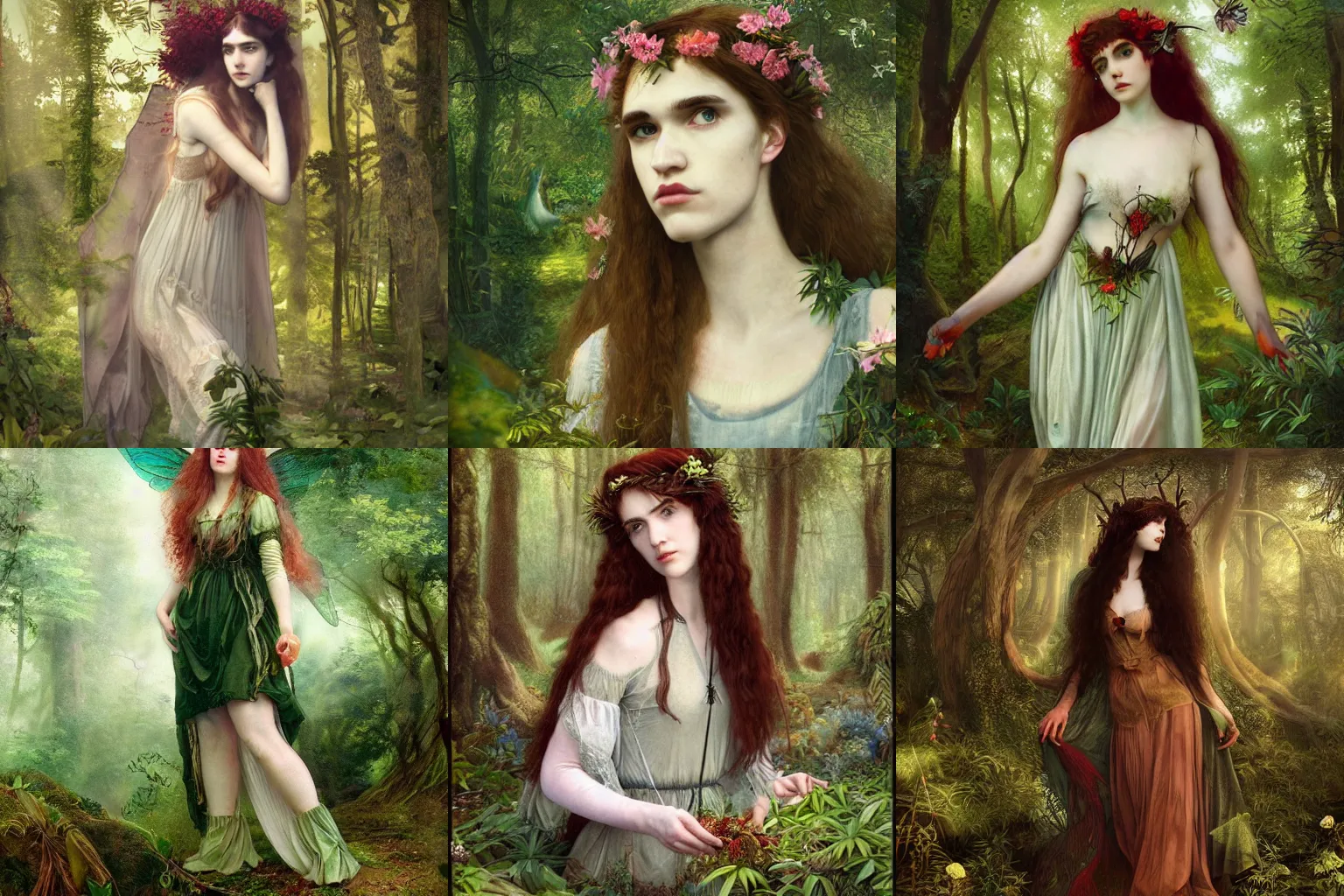 Prompt: a romantic pre-raphaelite portrait of Grimes as a forest fairy in a beautiful botanic garden, concept matte, trending on artstation