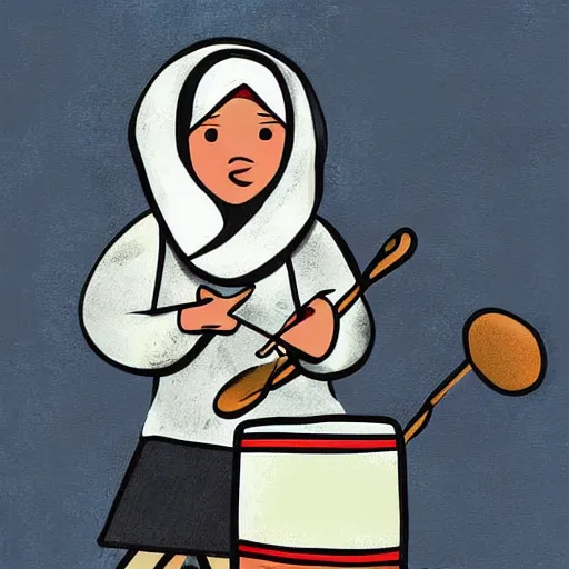 Prompt: a babushka playing drums, the drums look like bowls of oatmeal, digital art