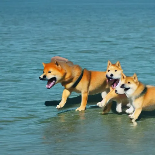 Prompt: photo of a shiba inu leading a pack of shiba inu puppies to the ocean