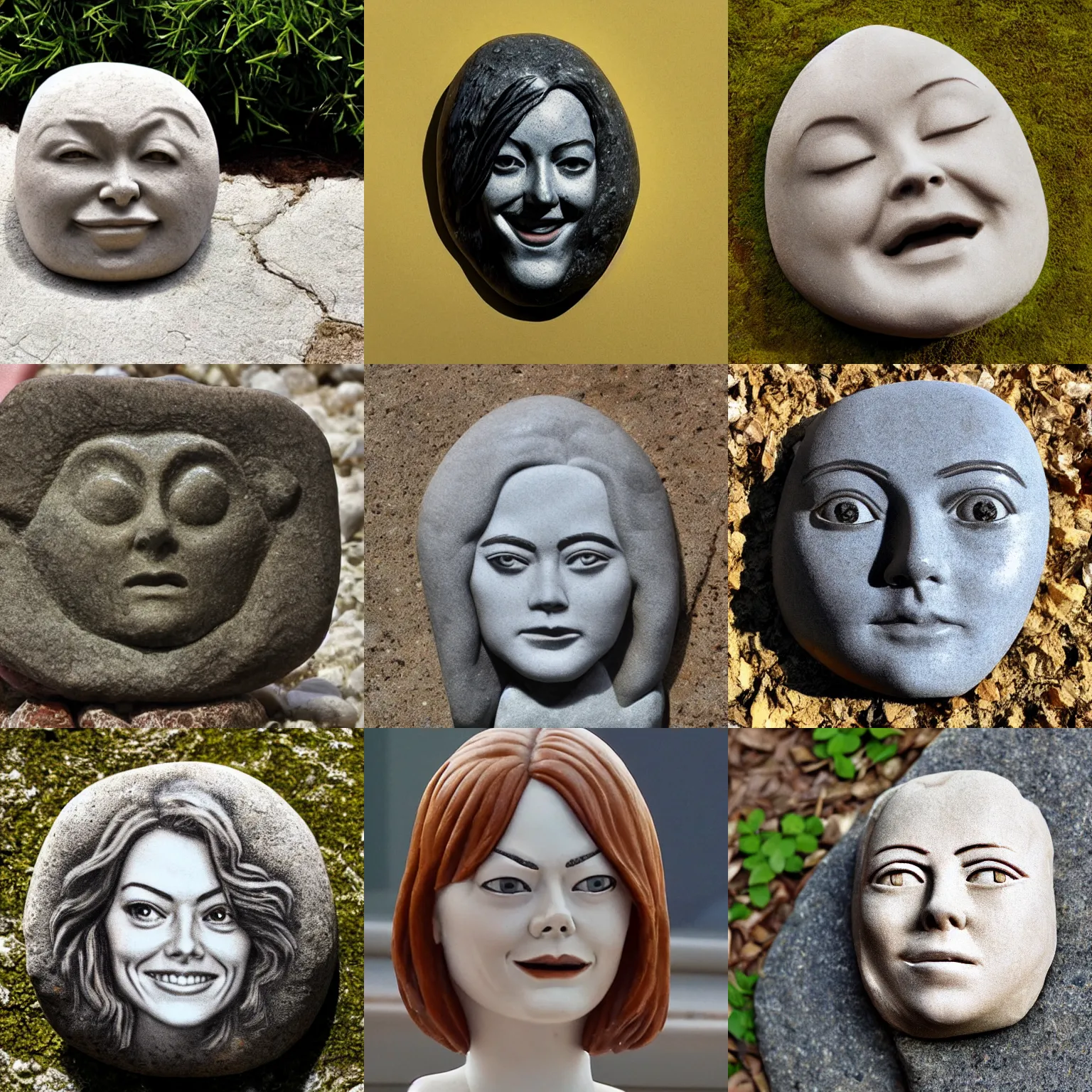 Prompt: a stone with the face of emma stone