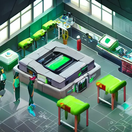 Prompt: isometric game asset of a futuristic chemical lab, in gouache detailed paintings, props, stylized, 2 d sprites, kitbash, overwatch, white and light green color scheme, 8 k, close up