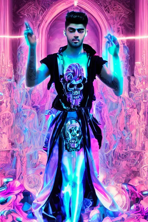 Prompt: photo of full-body rococo and cyberpunk delicate neon crystalline sculpture of ((handsome muscular onyx prince Zayn Malik)) as an blue iridescent humanoid deity wearing ((peach plastic hooded cloak)) (holding an onyx skull) in a onyx castle dungeon, reclining, glowing pink face, crown of (pink lasers), large blue diamonds, swirling black silk fabric. futuristic elements. oozing glowing liquid, full-length view. space robots. intricate artwork by caravaggio. Trending on artstation, octane render, cinematic lighting from the right, hyper realism, photorealistic, octane render, 8k, depth of field, 3D