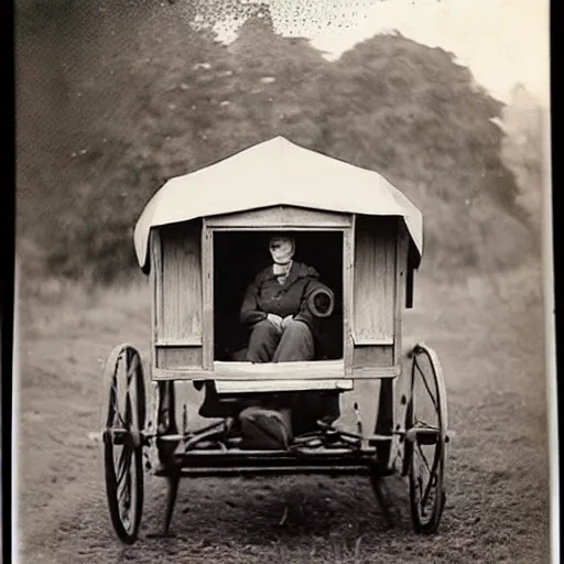 Image similar to polaroid photo of the first ever car produced with people sitting inside of it wearing 1800s clothing.