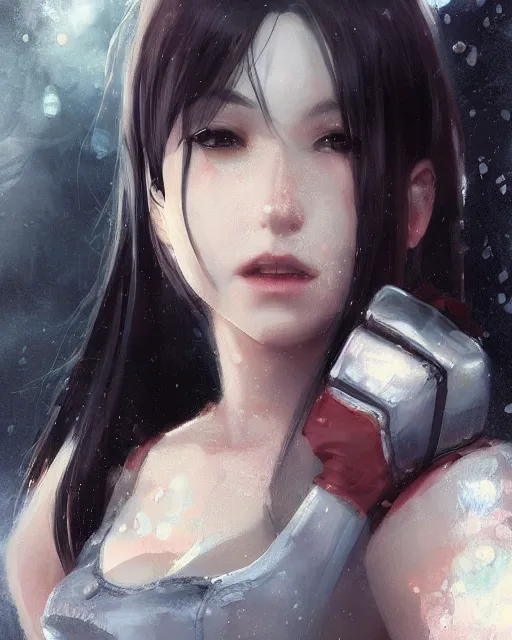 Prompt: beautiful tifa lockhart, face centered portrait, cottagecore, confident, fog, rain, volumetric lighting, soft light particles floating near her, illustration, perfectly shaded, oft painting, art by krenz cushart and wenjun lin
