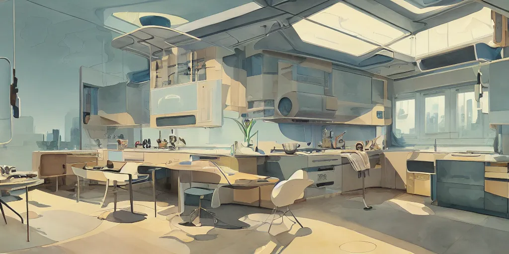 Prompt: a beautiful illustration of futuristic kitchen, lots of furniture, big medium small, sacred geometry, golden ratio, in watercolor gouache detailed paintings, in style of syd mead, trending on artstation, 8 k, panel, hard surface, wallpaper, zaha hadid, scattered props, plant, cozy, decoration, simon stalenhag, wes anderson, cyberpunk, insanely detailed