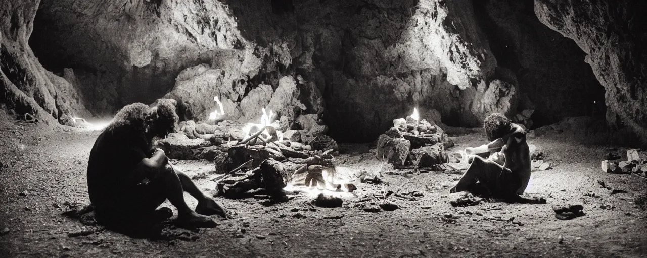 Prompt: caveman sitting alone next to a fire and a giant mound of spaghetti in a cave at night, canon 5 0 mm, super detailed face, facial expression, cinematic lighting, photography, retro, film, kodachrome