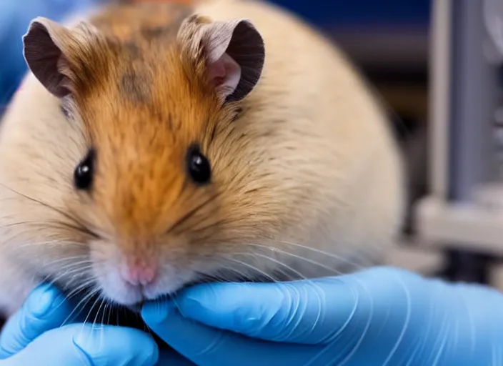 Image similar to film still of a hamster working in a research lab finding the cure for cancer, 8 k