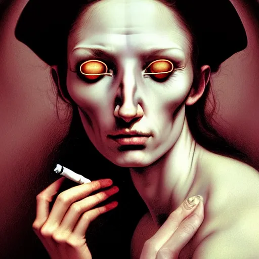 Prompt: Colour Caravaggio style Photography of Beautiful woman with highly detailed 1000 years old face wearing higly detailed sci-fi halo above head designed by Josan Gonzalez. Woman holding cigarette in between fingers , Many details . In style of Josan Gonzalez and Mike Winkelmann andgreg rutkowski and alphonse muchaand Caspar David Friedrich and Stephen Hickman and James Gurney and Hiromasa Ogura. volumetric natural light