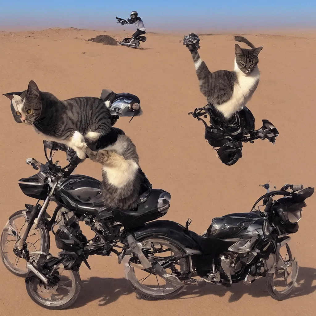 Prompt: an image of a cat riding a motercycle through the desert