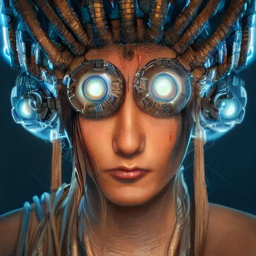 Image similar to detailed portrait of a futuristic sci - fi shaman in an impressive scene. extremely detailed. beautiful lighting. trending on artstation.