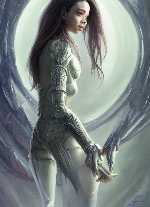 Image similar to a professional painting of a beautiful young female alien, clothed in ethereal armor, olive skin, long dark hair, beautiful bone structure, symmetrical facial features, intricate, elegant, digital painting, concept art, smooth, sharp focus, illustration, from Valerian and the City of a Thousand Planets, by Ruan Jia and Mandy Jurgens and Artgerm and William-Adolphe Bouguerea