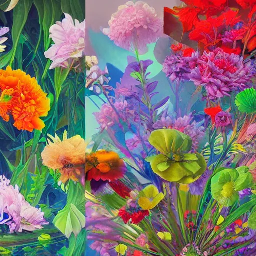 Prompt: a collage of a group of colorful flowers, mysterious foliage, very large vivid blossoms, light and strong shadow, strong glowing, vivid, detailed painting, by Ross Tran and James Jean and Dan Santat, masterpiece, award winning painting