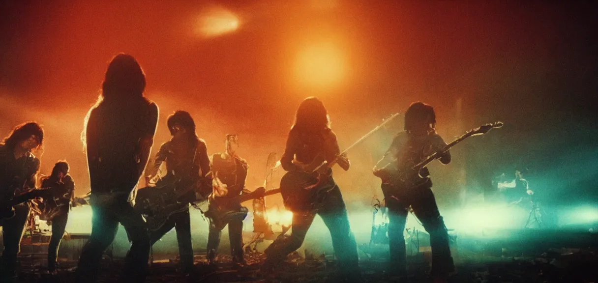 Image similar to The wide shot of disco rock Asian band with long dark hair playing on guitars while Godzilla and aliens destructs the night city, Godzilla on the horizon line, by Lubezki, Christopher Doyle and David Lynch, anamorphic 35 mm lens, cinematic, anamorphic lens flares 4k