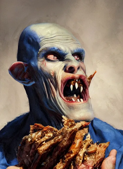 Image similar to upper body portrait of blue-faced nosferatu eating a pile of meat, by dean cornwell, photoreal, character concept art, artstation