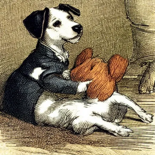 Prompt: portrait of jack russel terrier crying on the dog bed, illustrated by peggy fortnum and beatrix potter and sir john tenniel