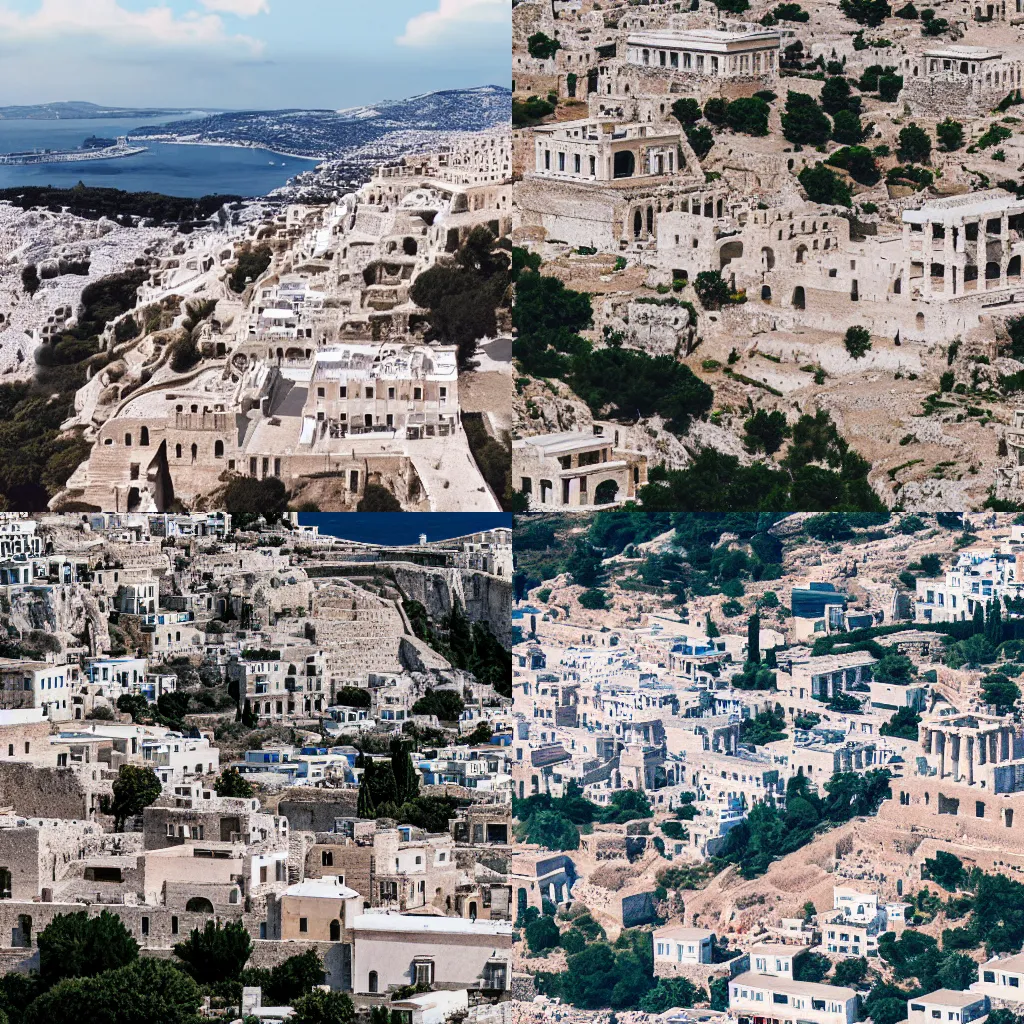 Prompt: ancient city in Greece, seen from above, acropolis in the center, whitewashed buildings, blue rooftops, clear sky, coastal cliffs, artstation, ross tran, wlop, kenneth willardt, andrei riabovitchev, 4k render