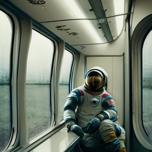 Image similar to a beautiful photo of an astronaut sitting in a train, soft light, morning light, photorealistic, realistic, octane, 8k, cinematic shot