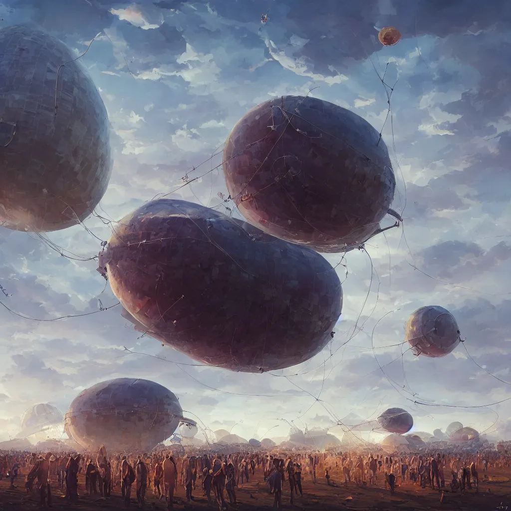 Prompt: blimps in sky, dyson sphere program, by greg rutkowski, by rhads, by jesper ejsing, so many wires, sharp focus, man standing, colony, atom, crowd, steam punk