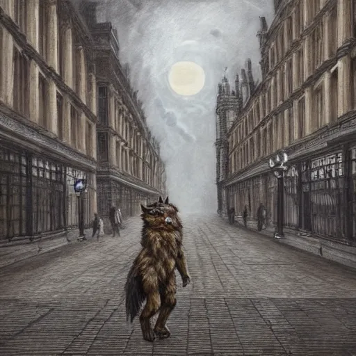 Image similar to terrifying ware wolf walking through the center of old london city, oil painting, gloomy misty atmosphere, symmetrical, full body image, highly ornate intricate details, very sharp photo,