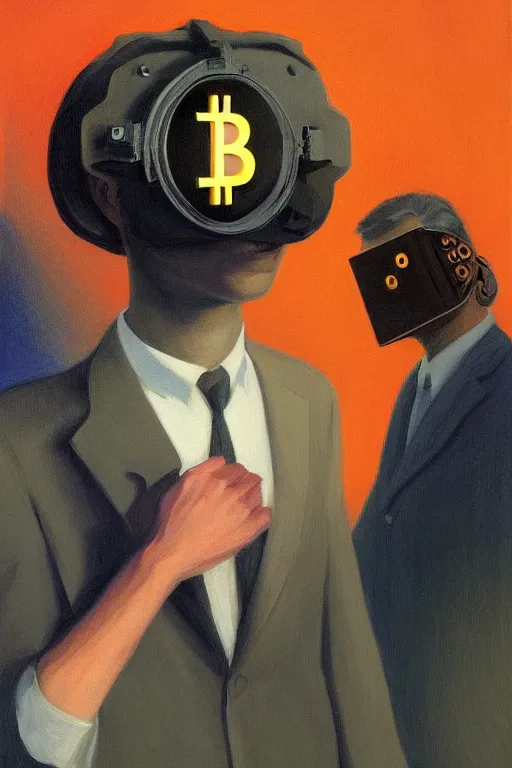 Image similar to sathoshi nakamoto wearing oculus and bitcoin over his head edward hopper and james gilleard, zdzislaw beksisnski, higly detailed