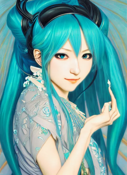 Prompt: oil portrait of hatsune miku, intricate, elegant, highly detailed, lighting, painting, artstation, smooth, illustration, art by greg rutowski and alphonse mucha