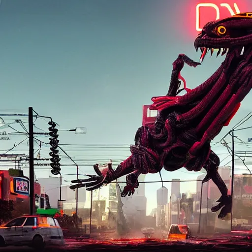 Prompt: gigantic building hovering above a city, long thick cables and trash hanging from underneath, smoke and thick dust in the air, rays of light, neon billboards and dried palmtrees in the streets, a reptile mutant wrestler in fighter pose levitates in the center of the epic scene, scifi, illustration