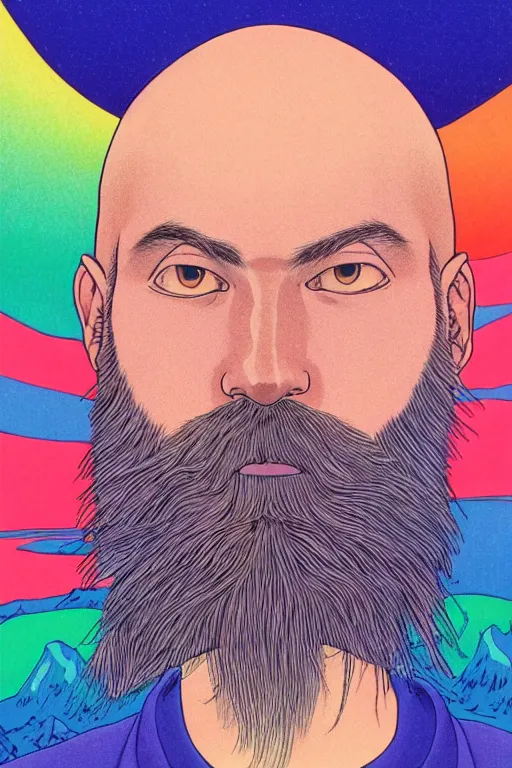 Image similar to a colorful closeup portrait of a young bald man with a very long wild beard dreaming psychedelic hallucinations in the vast icy landscape of antarctica, by kawase hasui, moebius and edward hopper, colorful flat surreal design, hd, 8 k, artstation