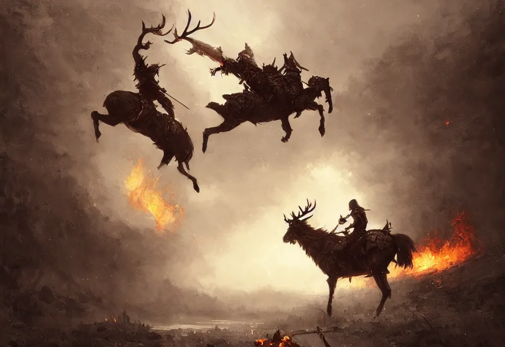 Image similar to a knight riding a burning stag, artstation, jakub rozalski, high detail, dramatic lighting