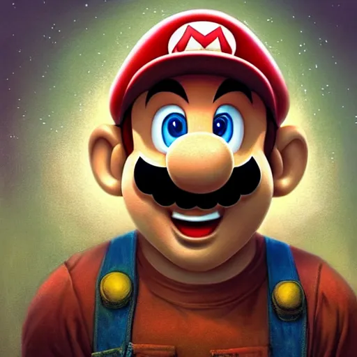 Prompt: a realistic portrait of super mario surrounded by mushrooms by android jones