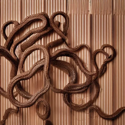 Image similar to tentacles made of brown corrugated cardboard, cut out of cardboard, realistic photography, fantasy