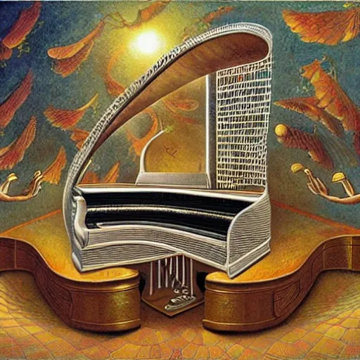 Image similar to benjamin netanyahu, spiraling floating piano, mirrors, by michael cheval