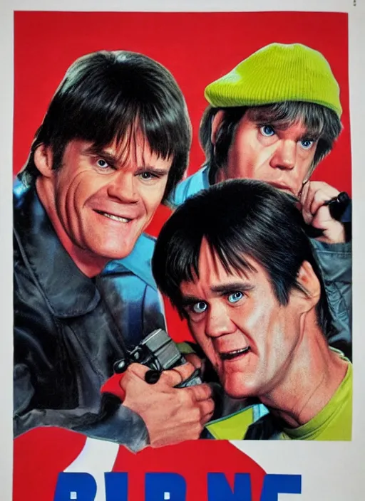 Image similar to an 8 0's john alvin action movie poster of jim carrey starring in dumb and dumber.
