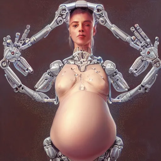 Image similar to pregnant female humanoid cyborg consisting of human parts and robot parts, 8 k, highly detailed, realistic, refined, bautiful, fine art photography, hyper realistic, in the style of greg rutkowski, by artgerm, by gustave dore, by marco turini, photorealistic, elegant, sharp focus, majestic, award winning picture, intricate, artstation,