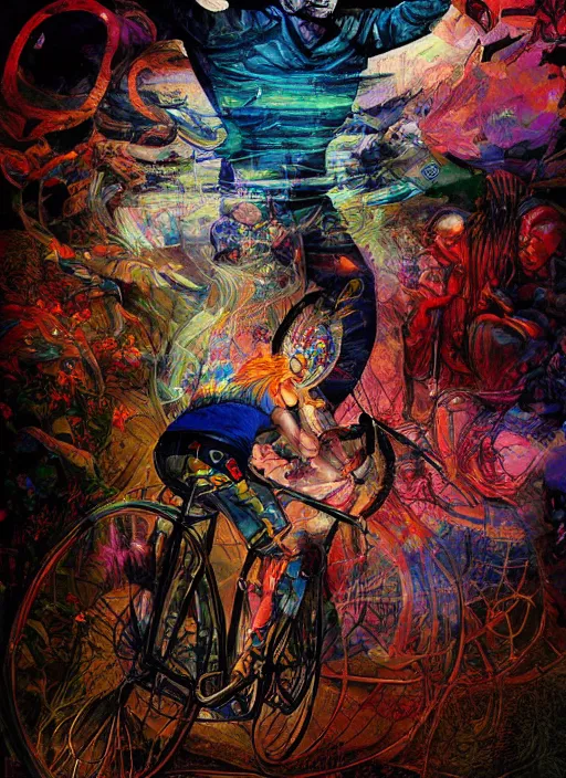 Image similar to portrait, Albert Hofmann on his first bicycle ride on lsd, Using Stable Diffusion to paint, watercolor, dramatic lighting, cinematic establishing shot, extremly high detail, foto realistic, cinematic lighting, pen and ink, intricate line drawings, by Yoshitaka Amano, Ruan Jia, Kentaro Miura, Artgerm, post processed, concept art, artstation, matte painting, style by eddie mendoza, raphael lacoste, alex ross