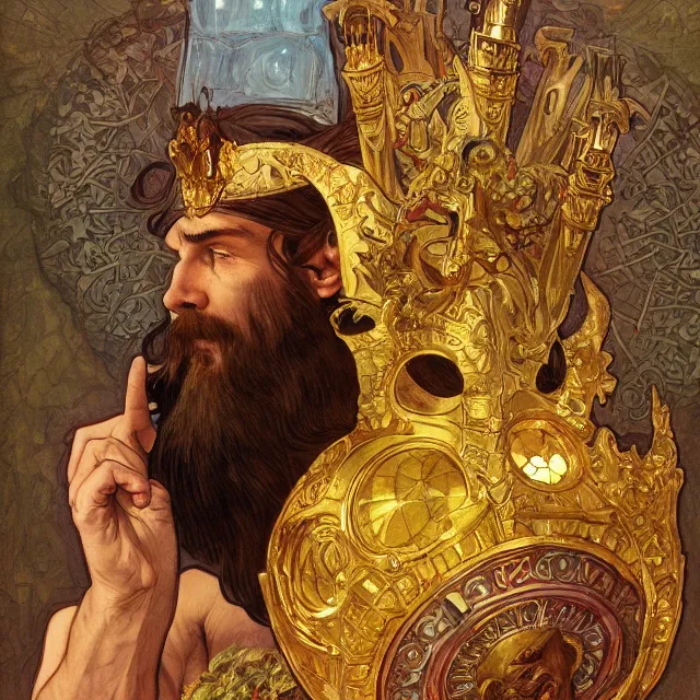 Image similar to an aesthetic! a detailed portrait of a man in a long beard, with a crown, holding a lantern with piles of gold in the background, by frank frazetta and alphonse mucha, oil on canvas, art nouveau dungeons and dragons fantasy art, hd, god rays, ray tracing, crisp contour lines, huhd