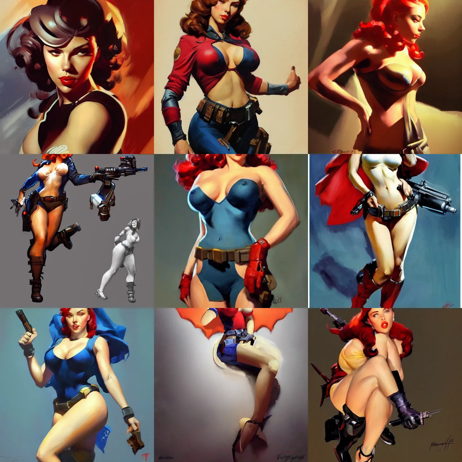 Prompt: greg manchess, frank frazetta, realistic scarlett johansson overwatch pin up character, full body, trending on artstation