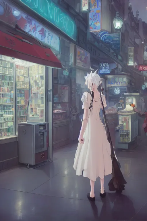 Image similar to a white haired girl with a guitar on her back shopping at a convenience store at night, grey and dark theme, s line, 4 5 angel by krenz cushart and mucha and makoto shinkai, 4 k resolution